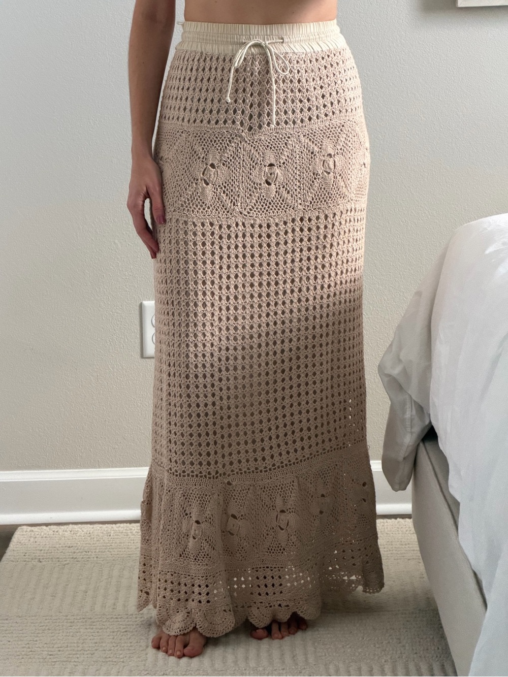 Avenue Beige Crochet Maxi Skirt with Drawstring Waist